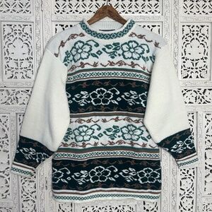 Vintage Ivory & Green Floral Retro Grannycore Sweater‎ Sz Small